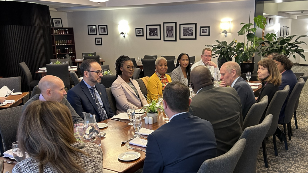 Image of delegates from the Caribbean Development Bank and the High Commission of Canada in Barbados meeting with McMaster faculty and staff on January 17, 2024 for a working lunch at The Buttery to discuss future collaboration and partnerships.