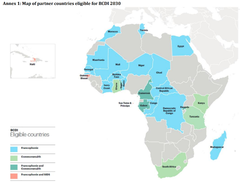 Map of Africa with BCDI 2030 eligible countries.